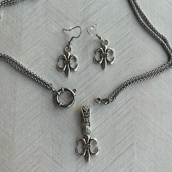 SET ! Fleur de lis / lys stainless steel double wheat chain necklace + earrings - Picture 5 of 14
